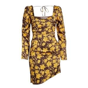 FLORET STUDIOS Brown Yellow Floral Shirred Long Sleeve Minidress – Sz Med